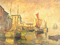 E.H. Allerton "The Harbor Town" Oil on Canvas