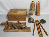 Country Decor Lot: Oil Lamp, Wood Planes & More