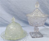 2 CLEAR DECORATED GLASS LIDDED DISHES