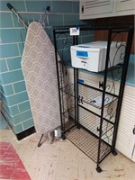 Ironing board, plastic drawer unit and wire shelf