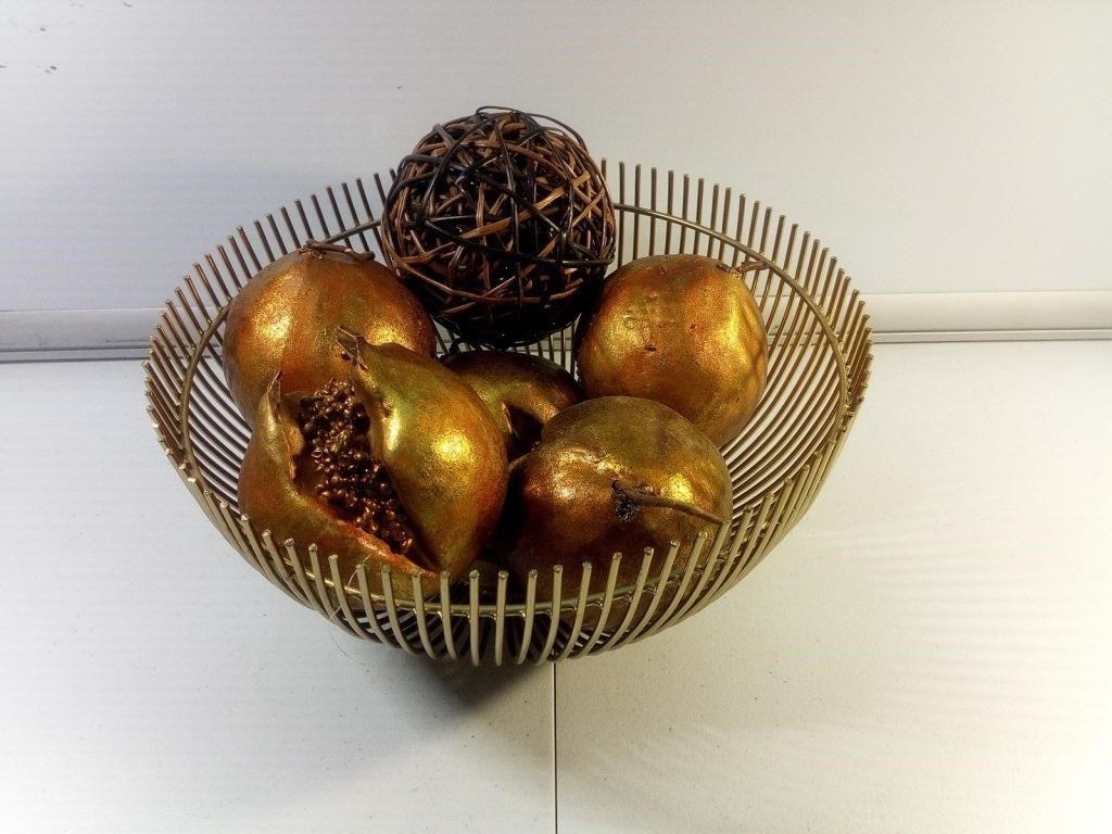 Gold Colored Decorative Bowl with Faux Fruit