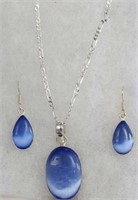 BLUE STONE NECKLACE AND EARRINGS MARKED 925