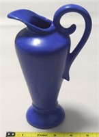 Vtg Matte Blue Pottery Handled Ewer Vase 8 1/8"t