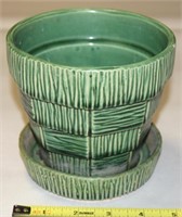 Vtg McCoy USA Pottery Green Basketweave Planter
