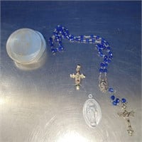 Virgin Mary Rosary, Box, Medal, and Cross
