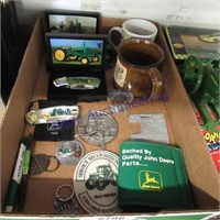 JD box--pocket knives in box, mugs, tokens,