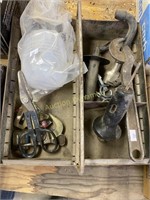 Metal Tool Tote w/ Snips, Vintage Wrench & More