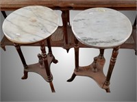 Lot with 2 round wooden end tables with marble top