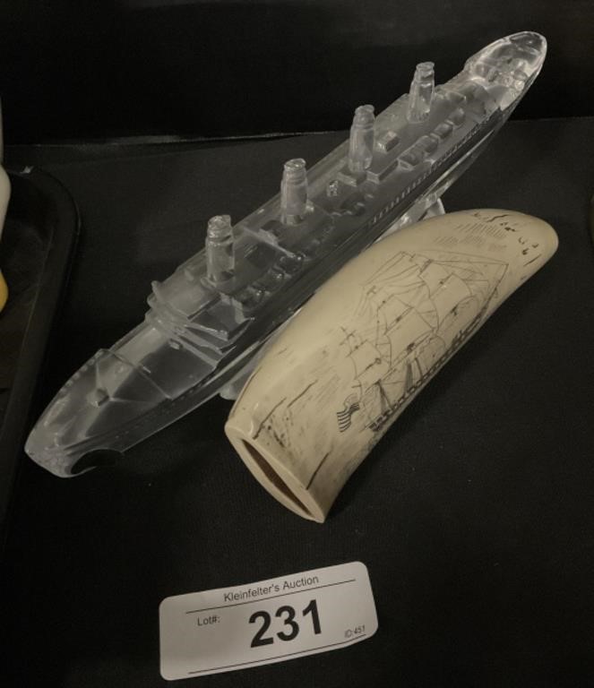 Waterford Crystal Ship, Scrimshaw Replica Whale