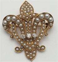 Diamond And Pearl 14k Gold Brooch
