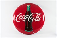 COCA-COLA PAINTED METAL BUTTON SIGN WITH BOTTLE