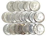 20 Kennedy Half Dollars 1964, 90% Silver, US Coins