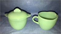 Jadeite creamer and sugar with lid in the Jane