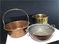 (3) Brass & Copper Pots,Buckets Lot