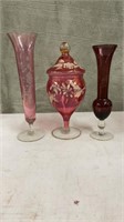 Hand Painted Vintage Cranberry Flash Glass Footed