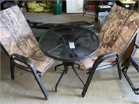 Outdoor Round Glass Top Table, 4 Camo Chairs