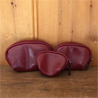 (3) Assorted Size Red Leather Zippered Pouch Bags
