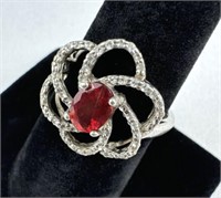 925 Silver Red Stone Flower Ring