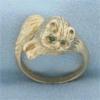 Cat Ring With Emerald Eyes in 14k Yellow Gold