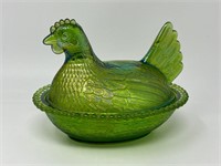 Green Irridescent Carnival Glass Hen on Nest HON