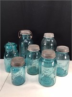 (7) Blue Glass Canning Jars