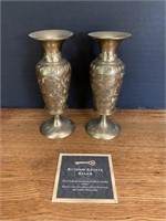 Set of 2 Etched Brass Candle Sticks/Vases