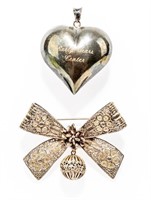 Jewelry Sterling Silver Bow Brooch & Heart Pendant