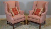 Pair of plaid upholstered wing back armchairs