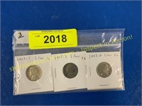 3 silver nickels - 1943S, 1943P, 1945S