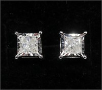 14K White gold square cut diamond stud earrings,