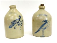 (2) Stoneware Jugs. 19th century. Blue bird
