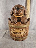 CERAMIC DOG IN A BARREL COOKIE JAR