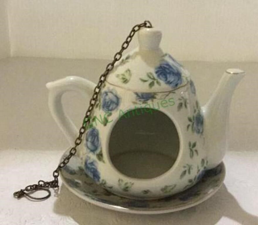China tea cup birdhouse with chain measuring 5