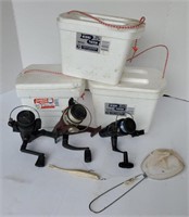 Lot of 3 Reels, bait coolers, hook, and small net