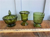Two Green Glass Vases and One Candy Dish