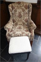 2 PC. WING BACK CHAIR AND STOOL CHIPPENDALE STYLE