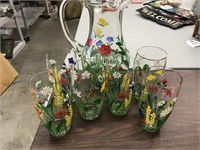 Hand Painted Floral Pitcher & 6 Glasses