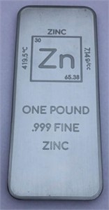 1 (One) Pound .999 Zinc Bullion Bar These bars are