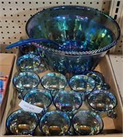 IRIDESCENT BLUE / PURPLE CARNIVAL GLASS PUNCH BOWL