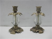 Two Vtg 6.5" Metal & Glass Candle Holder