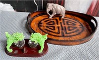 11 - FOO DOGS, ELEPHANT FIGURINE & TRAY (W119)