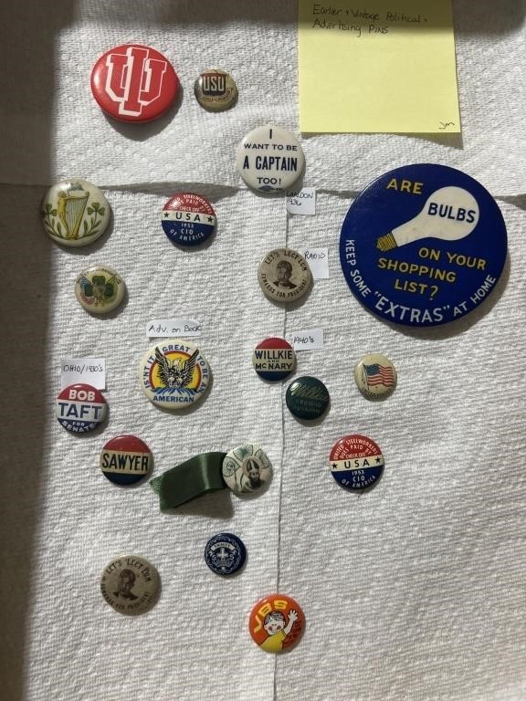 Early vintage political buttons and advertising