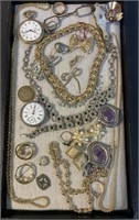 Costume Jewelry & Pocket Watches Tray Lot