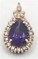 14K Gold Pendant with Diamonds & Purple Stone