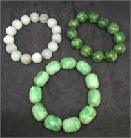 Trio of Green Beaded Stone Bracelets on Stretch