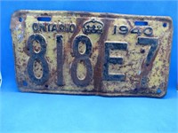 1940 Ontario License Plate Vintage Car Tag Canada