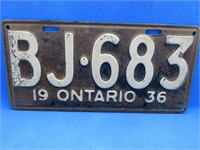 1936 Ontario License Plate Vintage Car Tag Canada