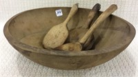Primitive Wood Bowl w/ Wood Utensils