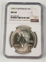 1993 P Jefferson Silver Dollar - Graded MS69