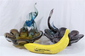 Murano Glass Ash Trays, Dolphin & Elephant